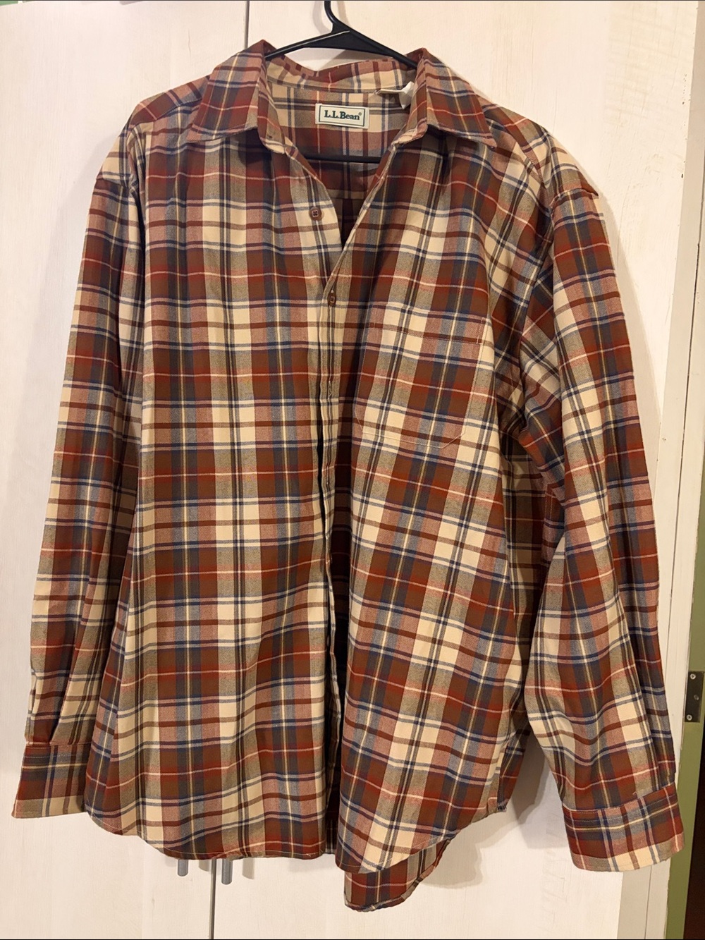L.L. Bean Plaid Button-Down Shirt in Cream, Brown & Blue
